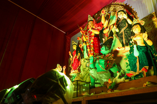 Idols of Hindu Gods Rama and Hanuman in Sri Rama Shobha Yatra or procession on Navami or the birthday of God Pune, Maharashtra, India March, 30, 2023