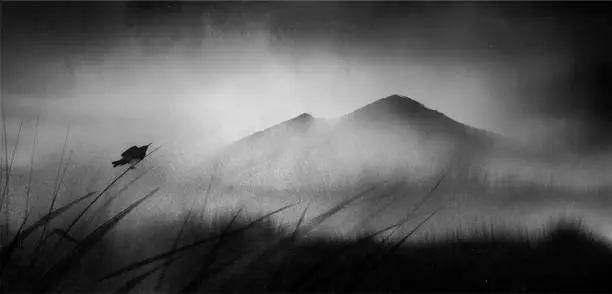 Vector illustration of Ink wash painting of misty field with grass, black bird and far mountains. Traditional oriental ink painting sumi-e, u-sin, go-hua.