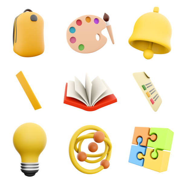 istock 3d rendering yellow bag, palette with brush, bell, ruler, open book, examination sheet, light bulb, atom and puzzle icon set. 3d render education concept icon set 1677530003