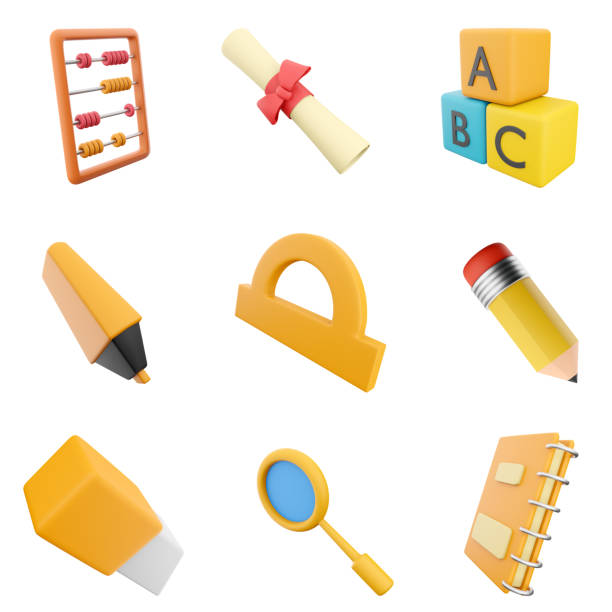 istock 3d rendering abacus, diploma, A B C blocks, marker, protractor, pencil, eraser, magnifier and notebook icon set. 3d render education concept icon set 1677530518