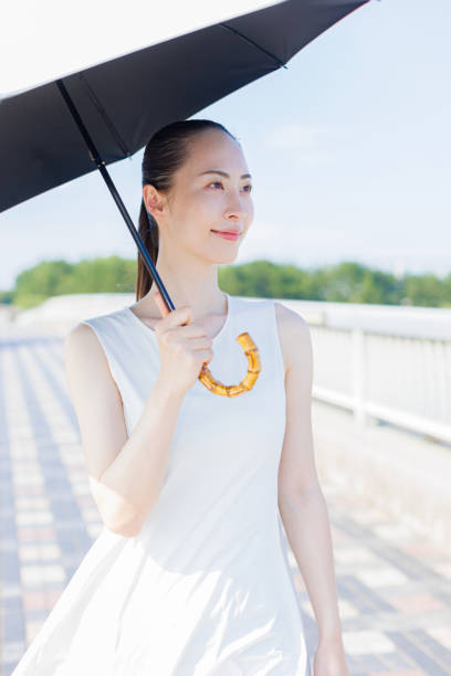 Young Asian woman walking with an umbrella