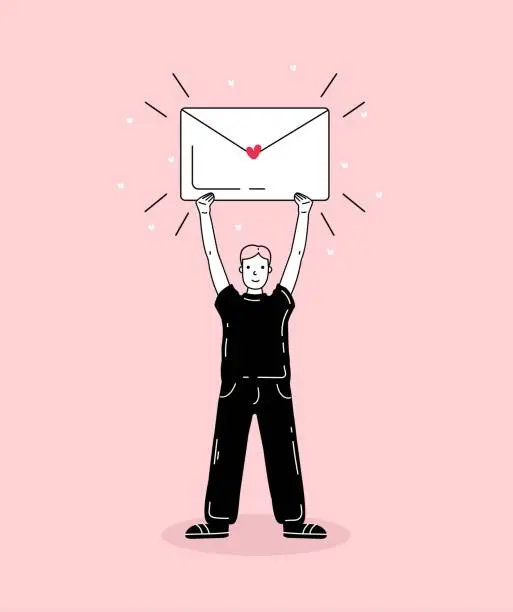 Vector illustration of Tiny person send message with red heart. Small man holding big closed envelope with paper letter.