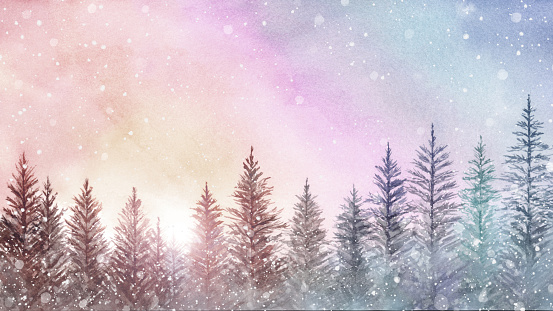 Watercolor painting of mysterious forest with snow.
Christmas background illustration.
