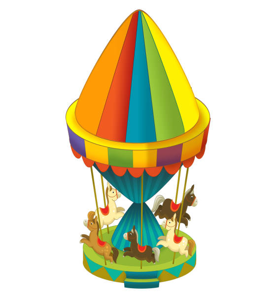 子供向けのカラフルな遊園地エレメントカルーセルイラストを持つ漫画のシーン - rollercoaster carnival amusement park carousel点のイラスト素材／クリップアート素材／マンガ素材／アイコン素材