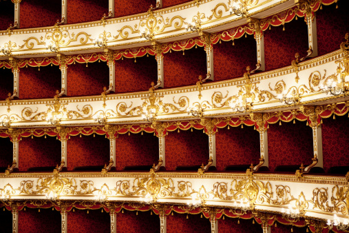Boxes of Baroque Italian Theater in Reggio Emilia (first opening the April 21, 1857). Detail of antique boxes. Horizontal shot.