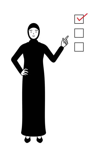 Vector illustration of Muslim Woman pointing to a checklist.