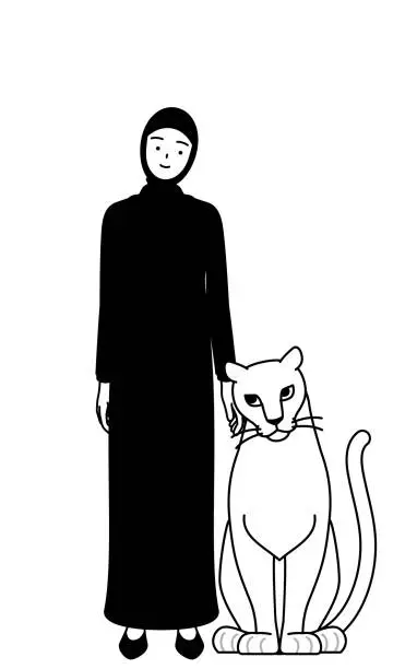 Vector illustration of Muslim Woman is Petting a pet lioness