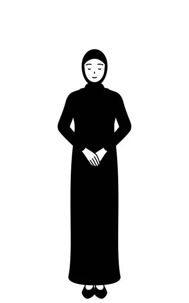 Vector illustration of Muslim Woman bowing with folded hands.