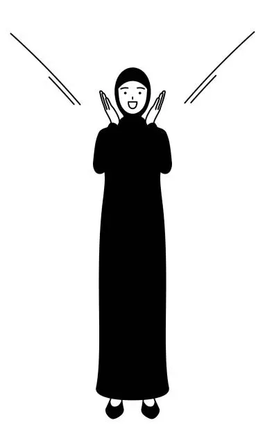 Vector illustration of Muslim Woman calling out with her hand over her mouth.