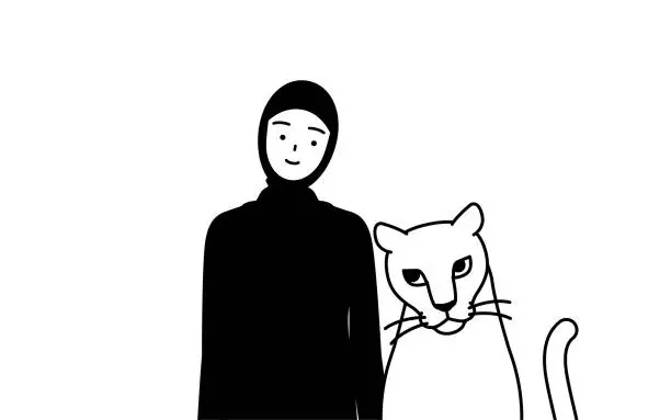 Vector illustration of Muslim Woman is Petting a pet lioness