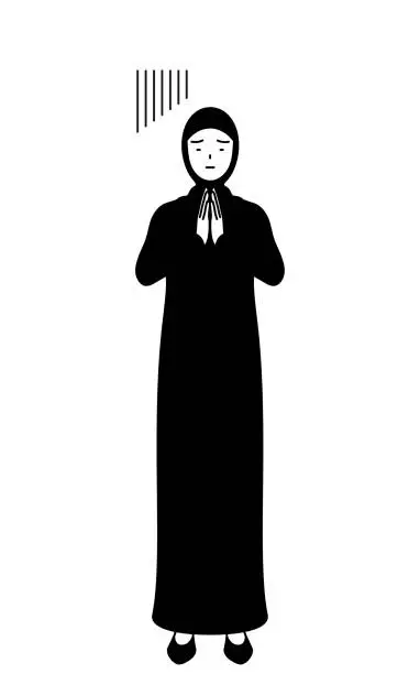 Vector illustration of Muslim Woman apologizing with her hands in front of her body.