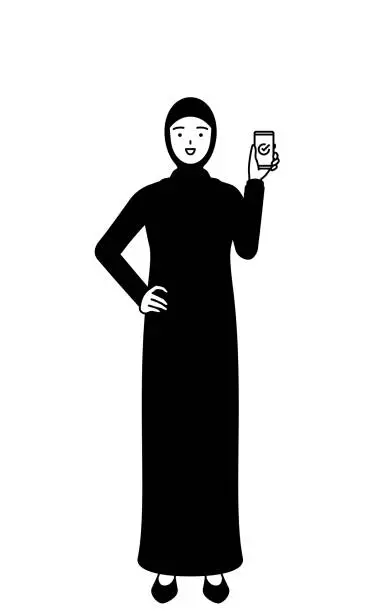 Vector illustration of Muslim Woman using a smartphone at work.