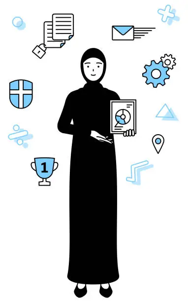 Vector illustration of Image of DX, Muslim Woman using digital technology to improve her business