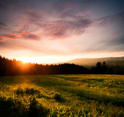 Lonely field in Black Forest (Germany) with sunset. Stitched out of 2 Pictures.