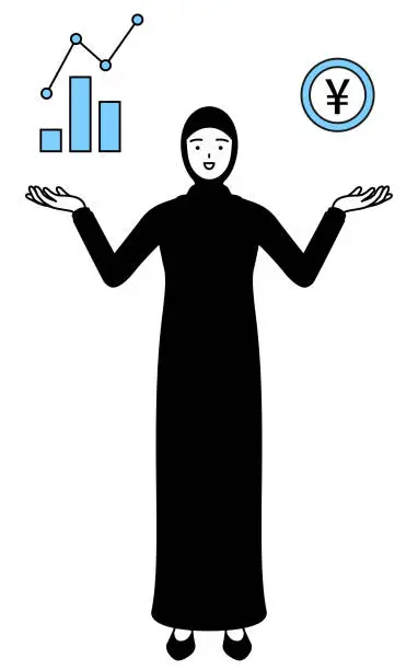 Vector illustration of Muslim Woman guiding an image of DX, performance and sales improvement.