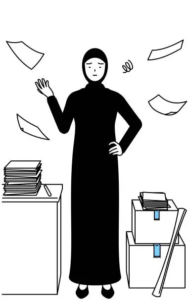 Vector illustration of Muslim Woman who is fed up with her unorganized business.