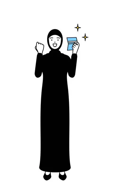 Vector illustration of Muslim Woman who is pleased to see a bankbook.