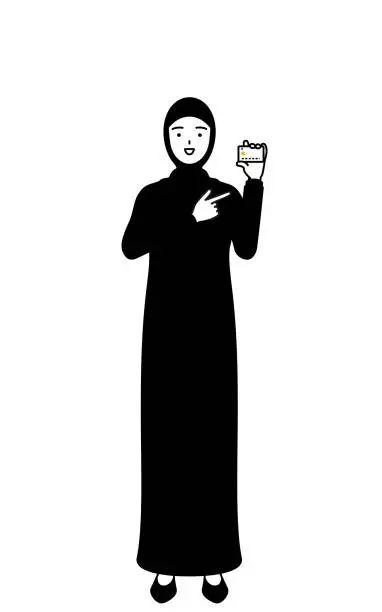 Vector illustration of Muslim Woman recommending credit card payment.