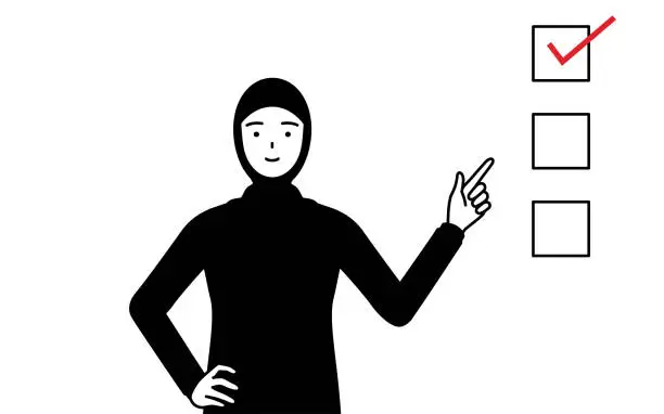 Vector illustration of Muslim Woman pointing to a checklist.