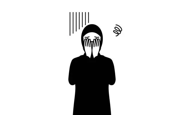 Vector illustration of Muslim Woman covering her face in depression.