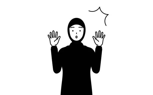 Vector illustration of Muslim Woman raising her hand in surprise.