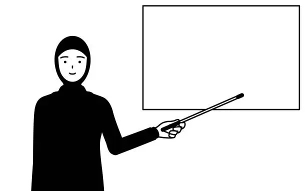 Vector illustration of Muslim Woman pointing at a whiteboard with an indicator stick.