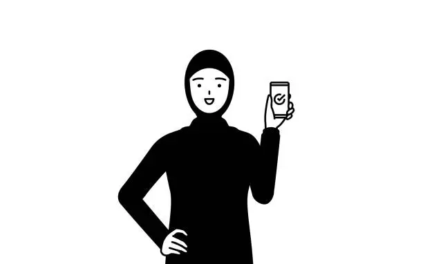 Vector illustration of Muslim Woman using a smartphone at work.