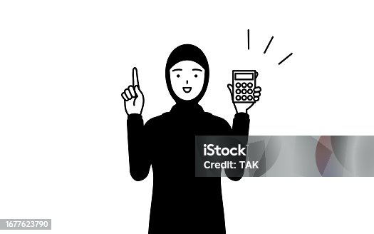 istock Muslim Woman holding a calculator and pointing. 1677623790