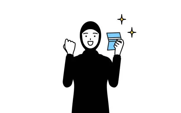 Vector illustration of Muslim Woman who is pleased to see a bankbook.