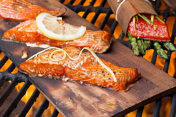 Three wild-caught salmon filets on a cedar plank in a backyard grill.  Fist is bright reddish orange and is topped with lemon, dill and cracked pepper file_thumbview_approve.php?size=1&id=19631280