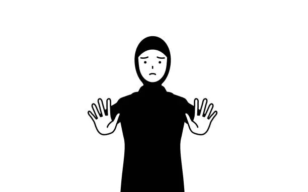 Vector illustration of Muslim Woman with her hands out in front of her body, signaling a stop.