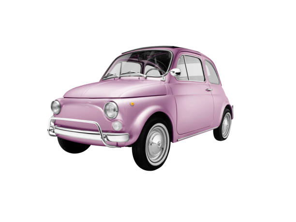 alte italienische rosa auto (isoliert mit clipping path weißem hintergrund - auto freisteller stock-fotos und bilder