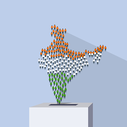 Conceptual illustration of citizens forming the shape of India going to the ballot box. Indian election concept
