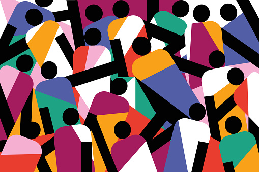 Geometric illustration of a crowd of multi coloured human figures