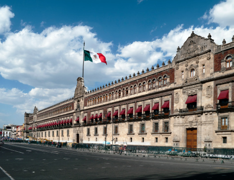 The National Palace, (or Palacio Nacional in Spanish), is the seat of the Mexican president and the federal executive in Mexico and the seat of the Mexican president. It is located on Mexico City's main square, the Plaza de la Constitucion (Zocalo). The palace is built on the ruins of Montezuma's palace.