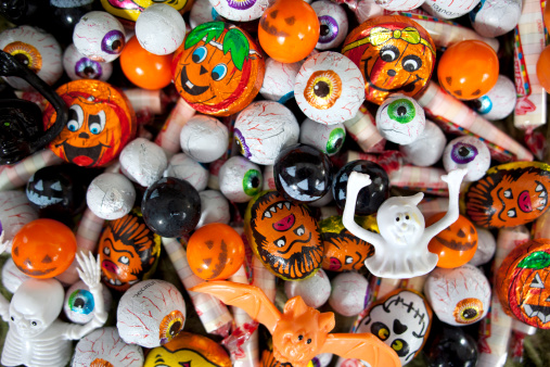 Assorted halloween candy background.