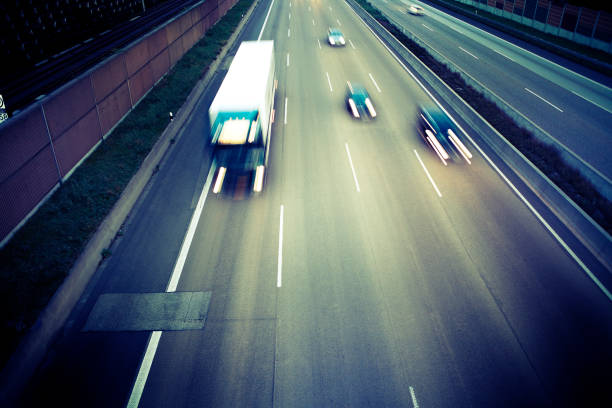 istock Traffic on Autobahn A3 at dusk, high angle view 167762981