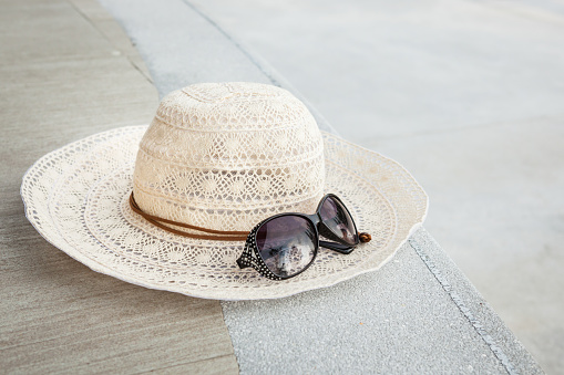 sunglasses, hat,  for beach holiday.  Summer vacation concept.