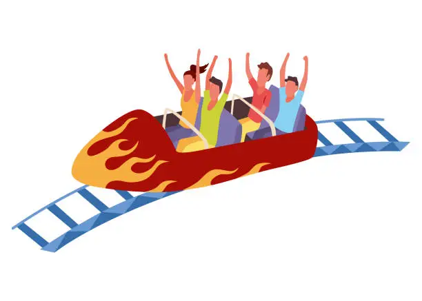 Vector illustration of Roller coaster happy people. Rollercoaster. Friends riding in amusement park have fun positive emotion, park attractions. Young people having fun and enjoyment, cartoon vector illustration