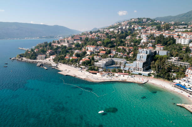 Aerial Herceg Novi Aerial view of Herceg Novi, Hotel Plaža, Old town and partialy visible Igalo igalo herceg novi montenegro sea stock pictures, royalty-free photos & images