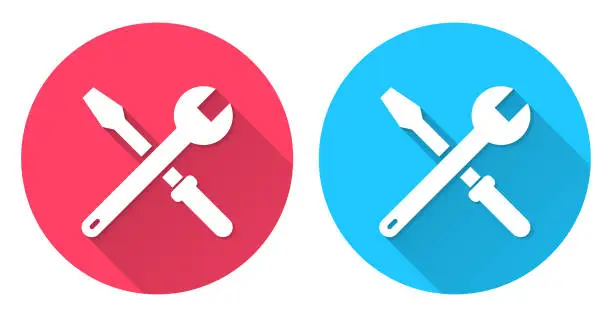 Vector illustration of Tools - Wrench and screwdriver. Round icon with long shadow on red or blue background