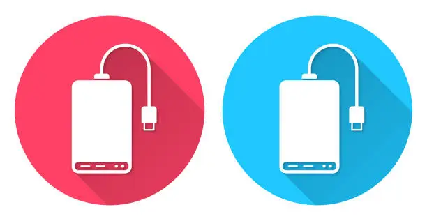 Vector illustration of External hard drive. Round icon with long shadow on red or blue background