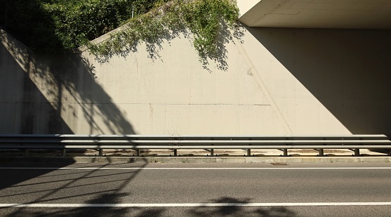 Metallic guardrail on sidewalk. Concrete wall of an underpass, with vegetation at top, on behind and two lane road in front. Background for copy space.