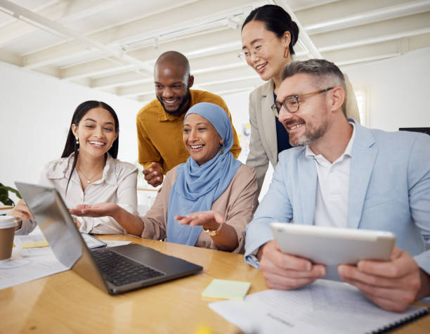 istock Video call, networking and business people with laptop in office for teamwork, design or collaboration. Online meeting, discussion and team in virtual conference for financial, budget or feedback 1677682676