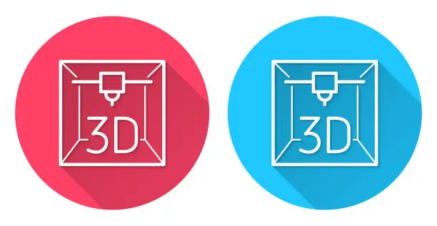 Vector illustration of 3D printer. Round icon with long shadow on red or blue background