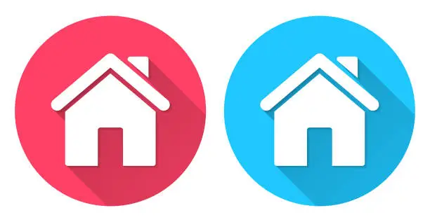 Vector illustration of Home. Round icon with long shadow on red or blue background