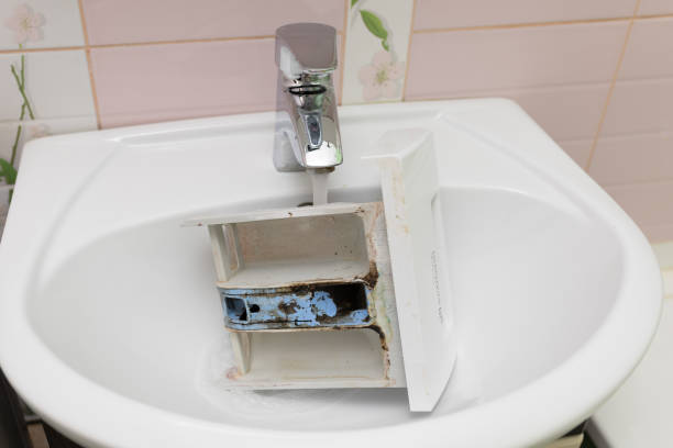 istock Dirty, corroded laundry machine dispenser for wash powder detergent with dregs, scale under tap water in batroom sink 1677686558