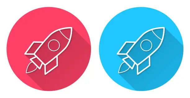 Vector illustration of Rocket. Round icon with long shadow on red or blue background