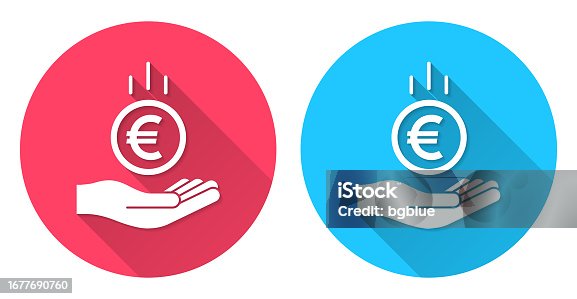 istock Euro coin falling in hand. Round icon with long shadow on red or blue background 1677690760