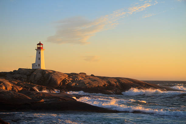 Peggy`s Cove Lighthouse at Dusk stock photo